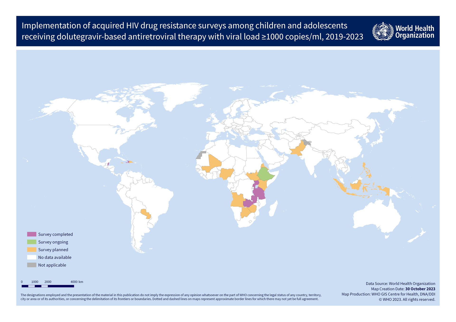 Map 2_HIVDR2021_PDR_v3 Map showing implementation of acquired HIV drug resistance surveys among children and adolescents receiving dolutegravir-based antiretroviral therapy with viral load ≥1000 copies/ml, 2019-2023