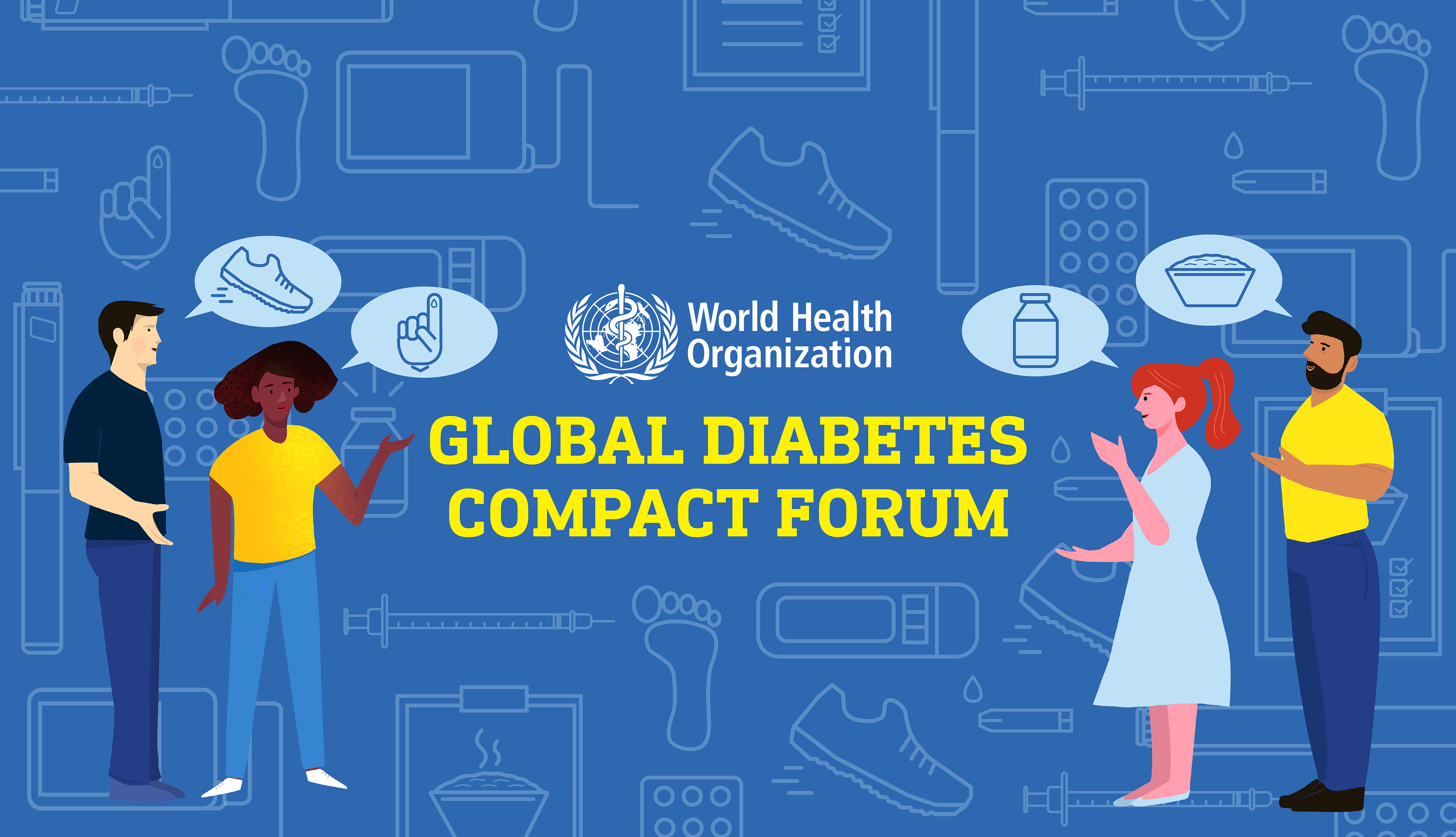 WHO GDC Website Header Illustration shows four people with text Global Diabetes Compact Forum and WHO logo