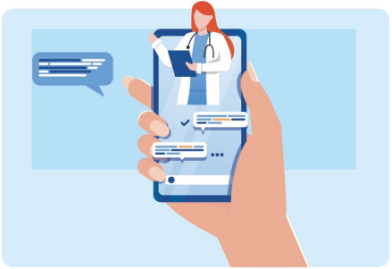 tele-audiology icon Illustration of hand holding a smart phone giving fitting advice on hearing aids